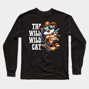 Cartoon Cowboy Cat Riding on Dog - The Wild Wild Cat Long Sleeve T-Shirt